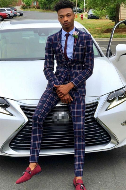 Dark Navy Business Men Suit | Men Custom Plaid Prom Suit