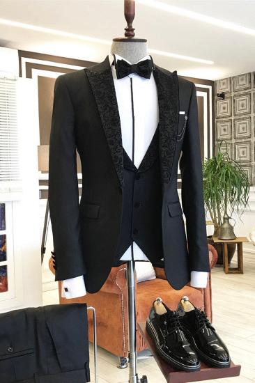 Gavin Fashion Black Three Piece Peak Jacquard Lapel Men Business Suit