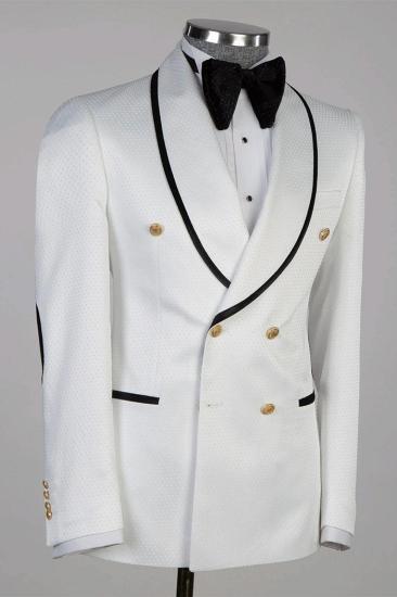 Double Breasted Golden Buttons White Wedding Suit with Black Edge_2