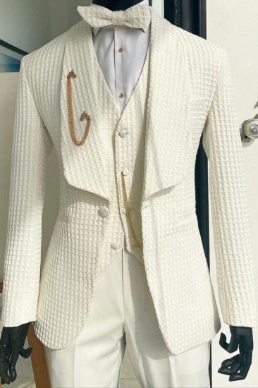 Simple White Plaid Shawl Lapel Three Piece Wedding Men Suits