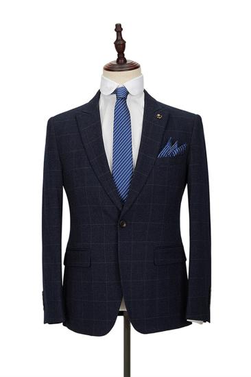 Formal Dark Navy Plaid Peak Lapel Three Piece Men Suit With Double Breasted Waistcoat_3