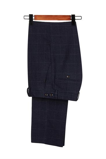 Formal Dark Navy Plaid Peak Lapel Three Piece Men Suit With Double Breasted Waistcoat_4