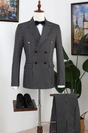 Black Peaked Lapel Striped Double Breasted Prom Men Suits