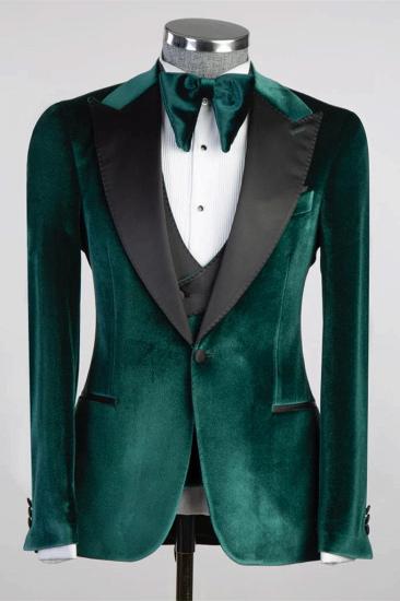 Ted Turquoise Peaked Lapel Three Pieces Velvet Prom Suits_2