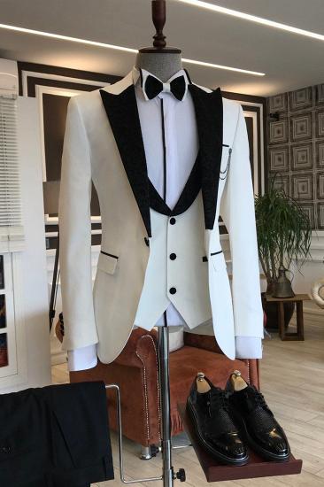 Carl Smart Three Piece White Prom Men Suit Mixed Black Point Lapel_1