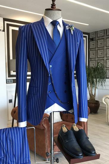 Marvin Fashion Blue Striped Three Piece Point Lapel Formal Men Suit_2