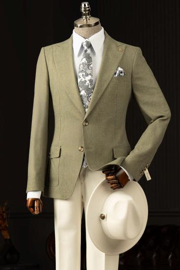 Bernie Olive Green Peaked Lapel Two Buttons Prom Suits With White Pants_1