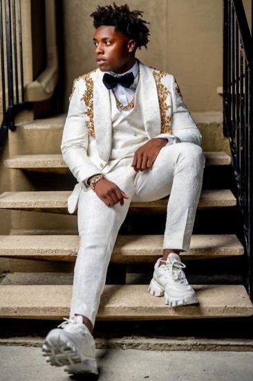 New White Shawl Lapel Three Pieces Jacquard Prom Suits | With Gold Beading_1