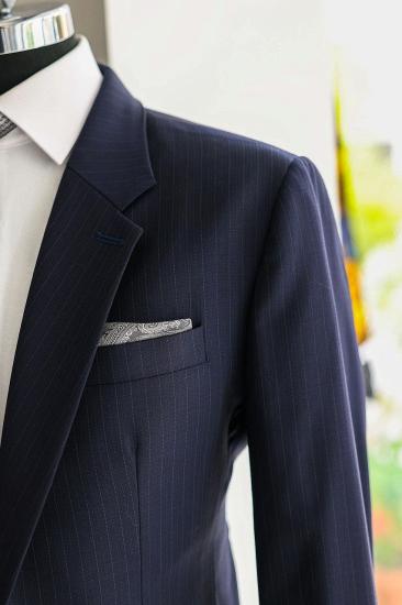 New Navy Notched Lapel Striped Two Pieces Business Suits_2