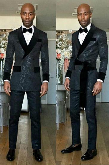 Kingston Black Shawl Lapel Double Breasted Slim Fit Wedding Groom Suit_2