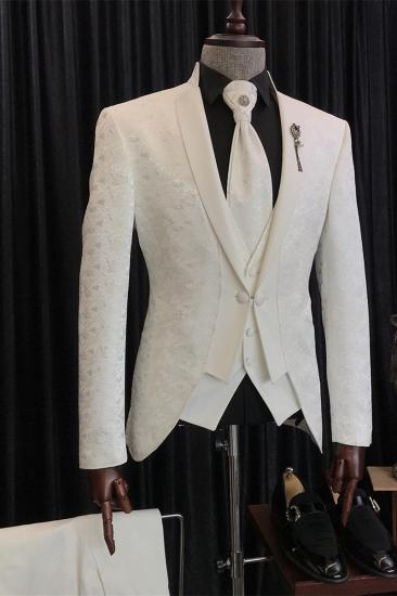 New White Jacquard Three Piece Wedding Suit With Special Lapel