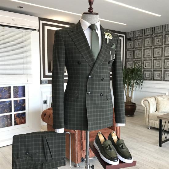 Handsome Green Plaid Double Breasted 2 Flap Men Business Suit_2
