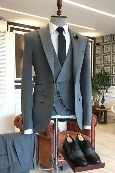 Rice Field Dark Grey Three Piece Point Lapel One Button Formal Business Suit_1