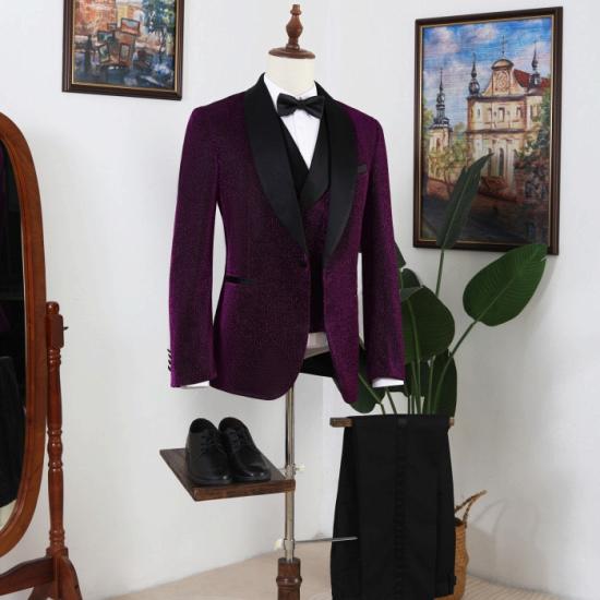 Purple Shawl Lapel Three Pieces Sequins Prom Men Suits_2