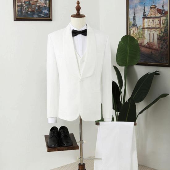 Genlteman Simple White Plaid Shawl Lapel Three Pieces Wedding Men Suits_4