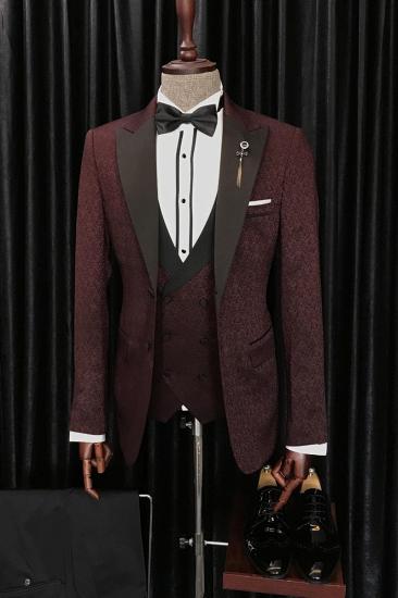 Barry Modern Burgundy Third Piece Jacquard Lapel Men Wedding Suit_3