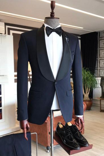Fashion Shawl Lapel Three Piece Navy Blue Slim Fit One Button Wedding Men Suit_2