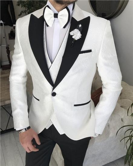 White Lapel Collar Jacquard Men Three Piece Suit Groom Suit