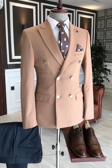 Men Business Formal Pink Point Lapel Double Breasted Two Placket Suit_2