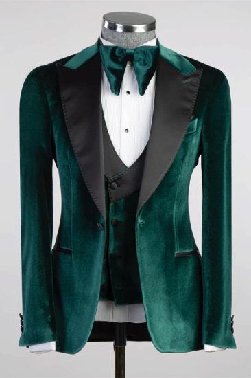 Ted Turquoise Peaked Lapel Three Pieces Velvet Prom Suits_1
