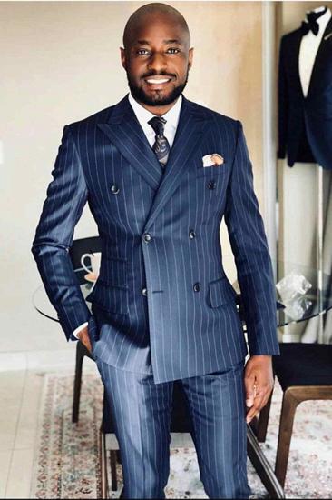 Israeli Navy Blue Striped Point Lapel Double Breasted Formal Men Suit
