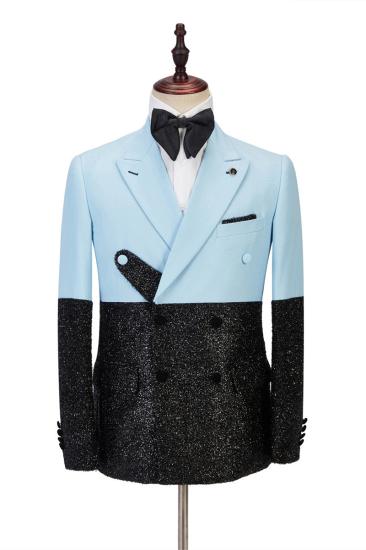 Stylish Sky Blue Stitching Sparkle Black Peak Lapel 2 Piece Men Suit Online