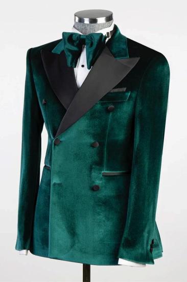Quentin Dark Green Peaked Double Breasted Velvet Prom Suits_2