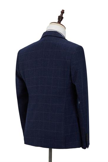 Classic Blue Plaid Peak Lapel Three Piece Men Suit With Double Breasted Waistcoat_2