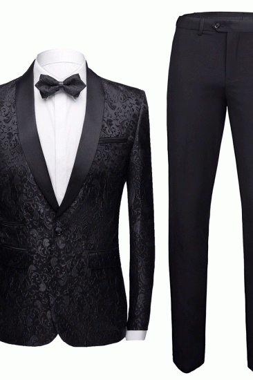 Black Jacquard Shawl Lapel Men Suit | Unique Slim Two Piece Wedding Groom Tuexdos_3