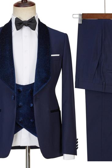 Navy Velvet Best Fit Three Piece Shiny Men Suits_5