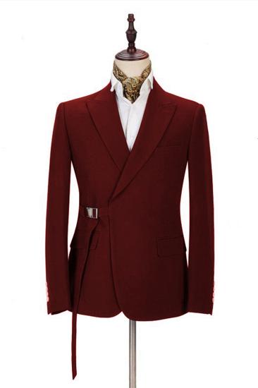 Stylish Peak Lapel Buckle Button Formal Burgundy 2 Piece Men Casual Suit Online