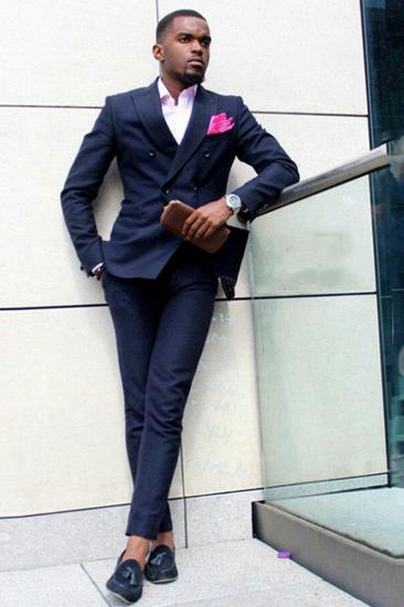 Dark Blue Double Breasted Point Lapel Slim Fit Men Suit_2