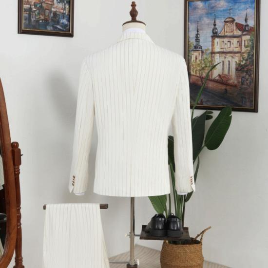 Elegant Ivory Striped Peaked Lapel Double Breasted Mens Prom Two Piece Suit_3