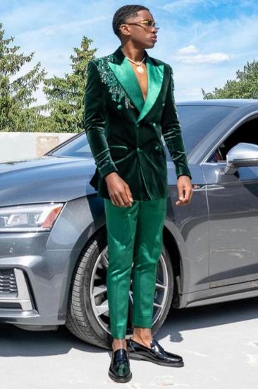Baird Dark Green Peaked Lapel Double Breasted Prom Suits With Appliques