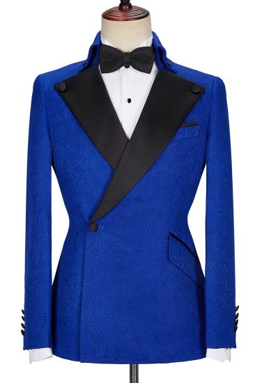 Fashion New Royal Blue Jacquard Black Lapel Two Pieces Wedding Suit