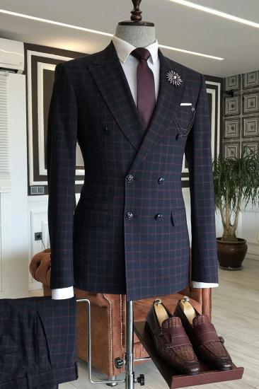 Ian Stylish Black Plaid Double Breasted 3 Flaps Formal Men