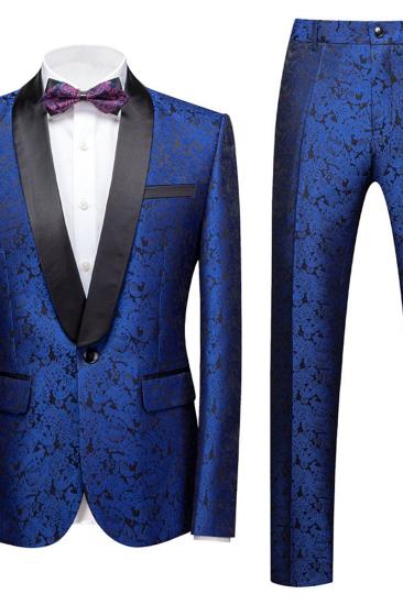 Kaleb Royal Blue Slim Fit One Button Jacquard Wedding Men Suit_2