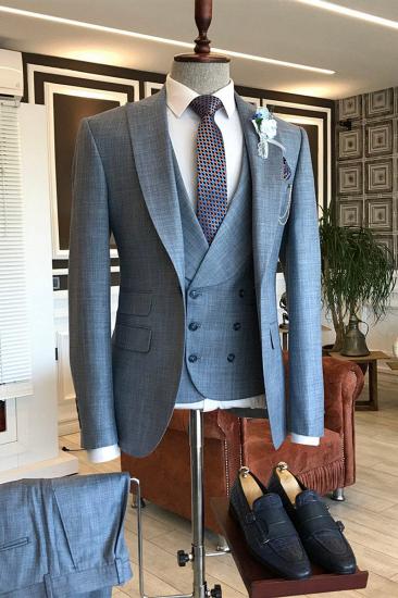 Jeffrey Formal Grey Check Point Lapel Double Breasted Vest Business Suit