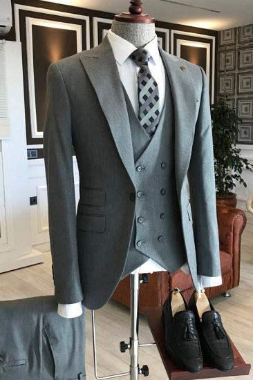 Levi Light Grey Three Piece Point Lapel Slim Fit Men Business Suit_2
