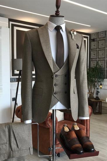 David Elegant Solid Dark Brown Pointed Lapel One Button Men Business Suit_2