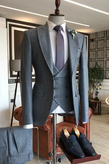 Dark Grey Three Piece Point Lapel One Button Formal Business Suit_2