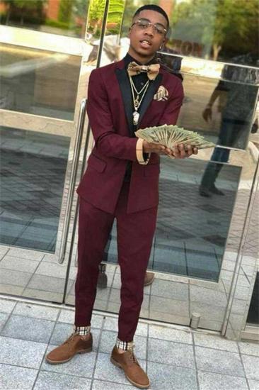 Christian Stylish Burgundy Two Piece Black Lapel Men Suit_1