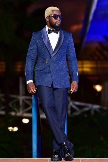 Archibald Navy Jacquard Prom Suits With Satin Shawl Lapel