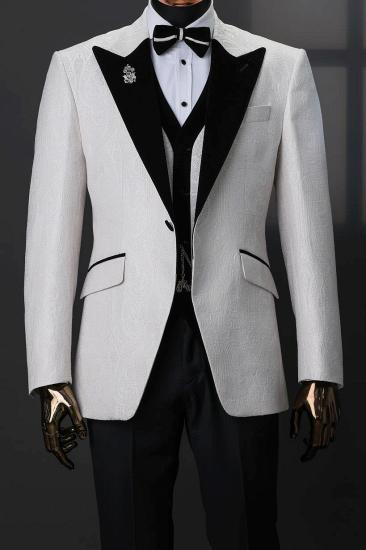 Black Peak Lapel 3 Piece White Jacquard Wedding Suit for Groom
