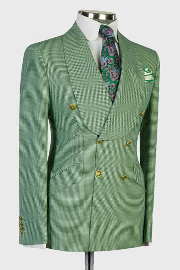 Gorgeous Green Shawl Lapel Double Breasted Plaid Ball Two Piece Suit_2