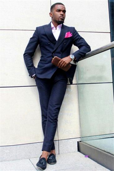 Dark Blue Double Breasted Point Lapel Slim Fit Men Suit_1