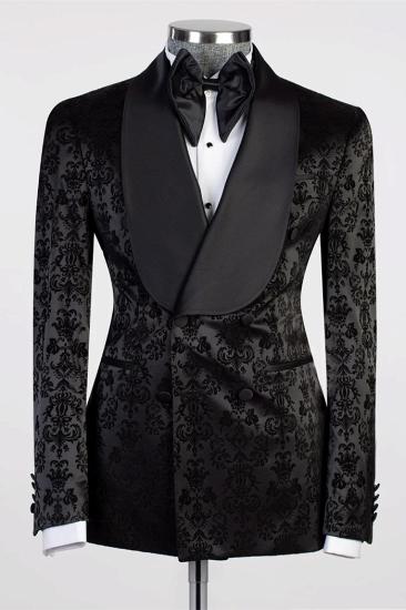 Double Breasted Black Floral Jacquard Shawl Lapel Mens Prom Suit_1