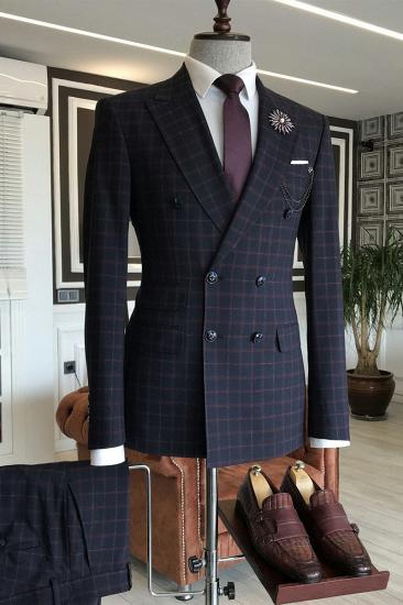 Ian Stylish Black Plaid Double Breasted 3 Flaps Formal Men_2
