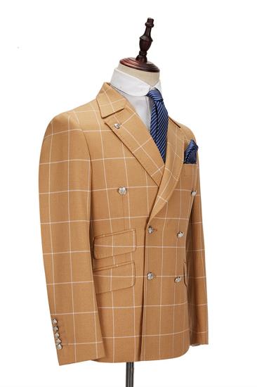 Peak Lapel Flap Pockets Double Breasted Plaid Orange Men Business Suit For Formal_2