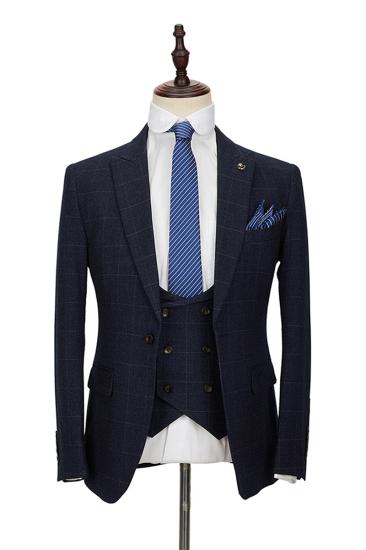 Formal Dark Navy Plaid Peak Lapel Three Piece Men Suit With Double Breasted Waistcoat